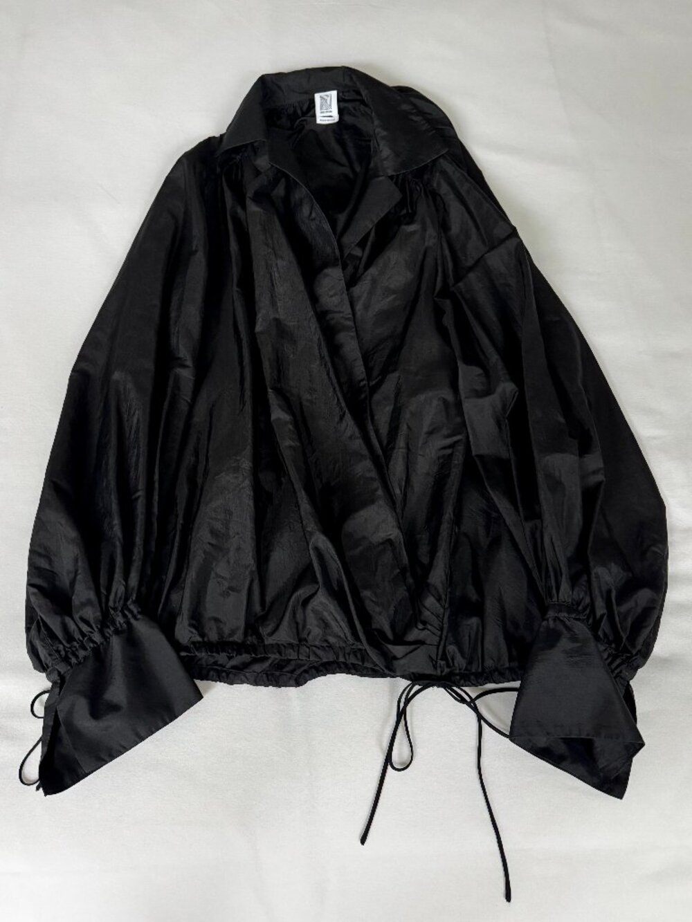 RARE Rosie Assoulin Taffeta Collared Wrap Top | Size S | Black | Drawstring Hem